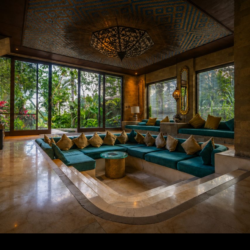 A sunken lounge open to the garden at a Bali property, deep seating under a patterned ceiling.