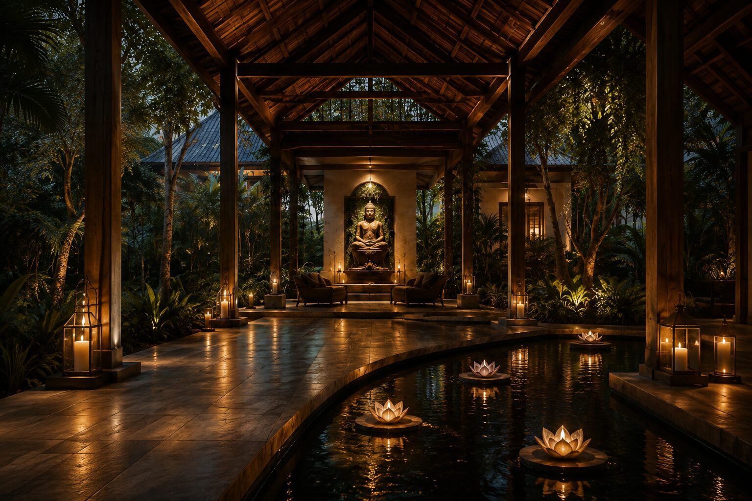 A wellness pavilion at dusk, empty